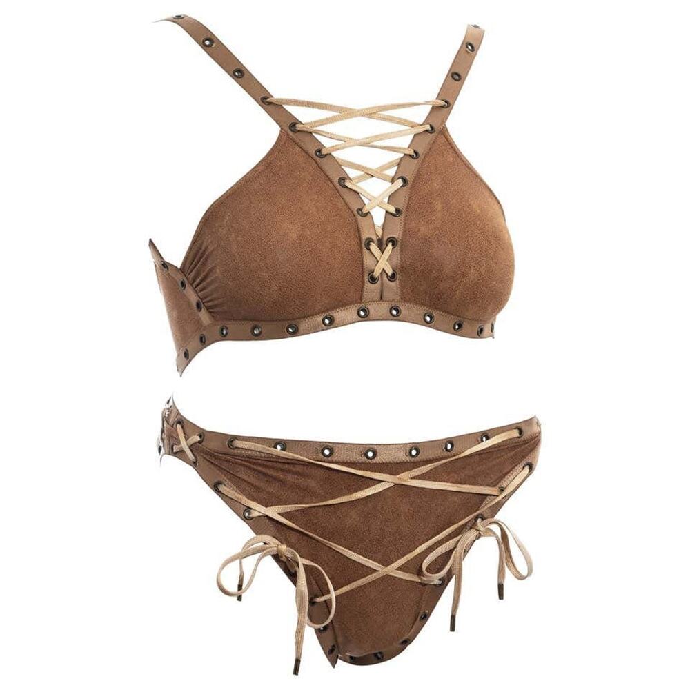 10 Galliano for Christian Dior VTG 2003 Brown Faux Leather Lace Up Bikini
